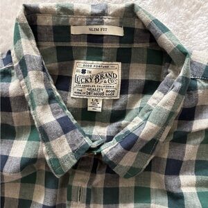 Lucky Brand Men's Green and Blue Plaid Shirt